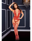 Baci Corset Front Suspender Fishnet Bodystocking - Red