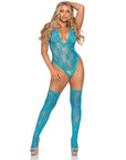 Floral Lace Deep-V Teddy and StockingsTurquoise OS