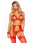 Open Cup Bra String Garter Belt and Cuffs Red OS