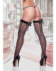 Baci Sheer Jacquard Thigh High Stockings Black Satin Bow