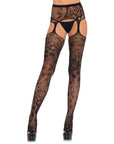 Floral Lace Stockings with Garter Belt Black OS