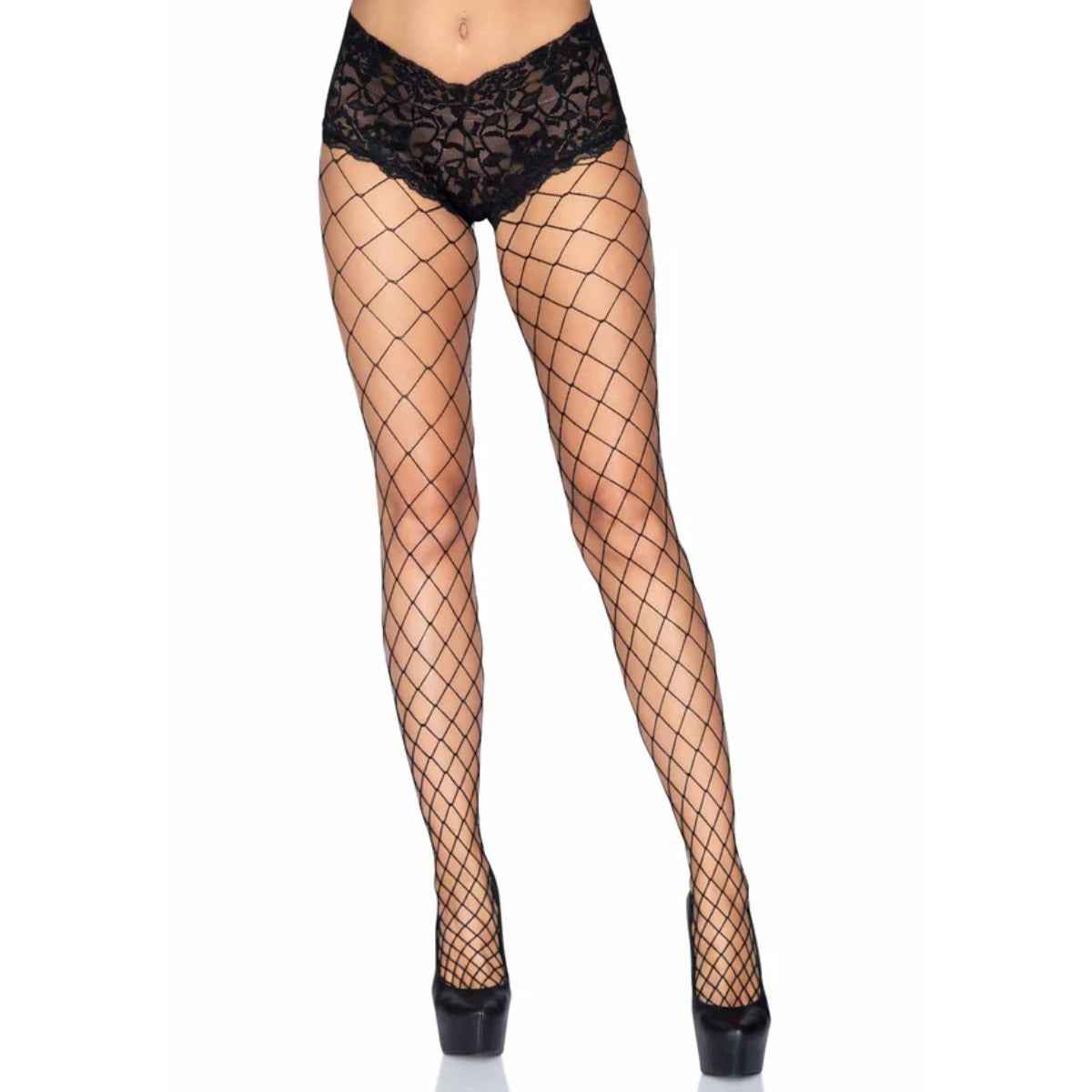 Diamond Net Pantyhose with Lace Boyshort Black OS