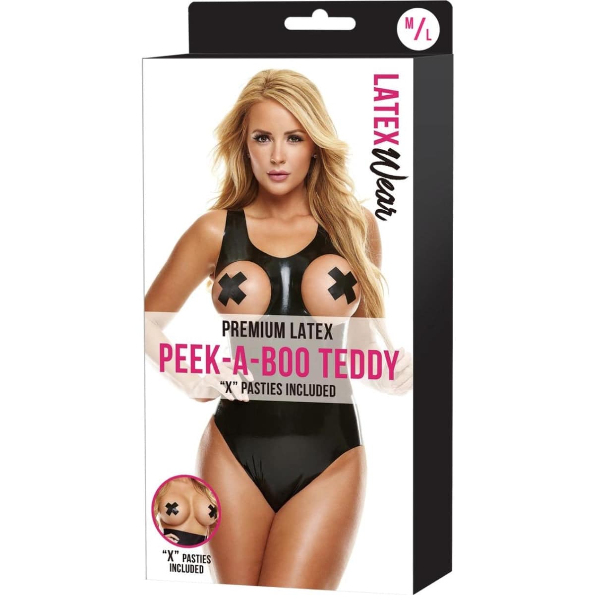 Premium Latex Peek-A-Boo Teddy W/X Pasties-Black-M/L - Adult Outlet