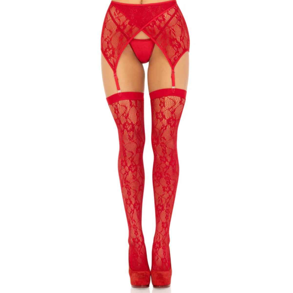 Lace Thigh Highs and Garter Belt Red OS