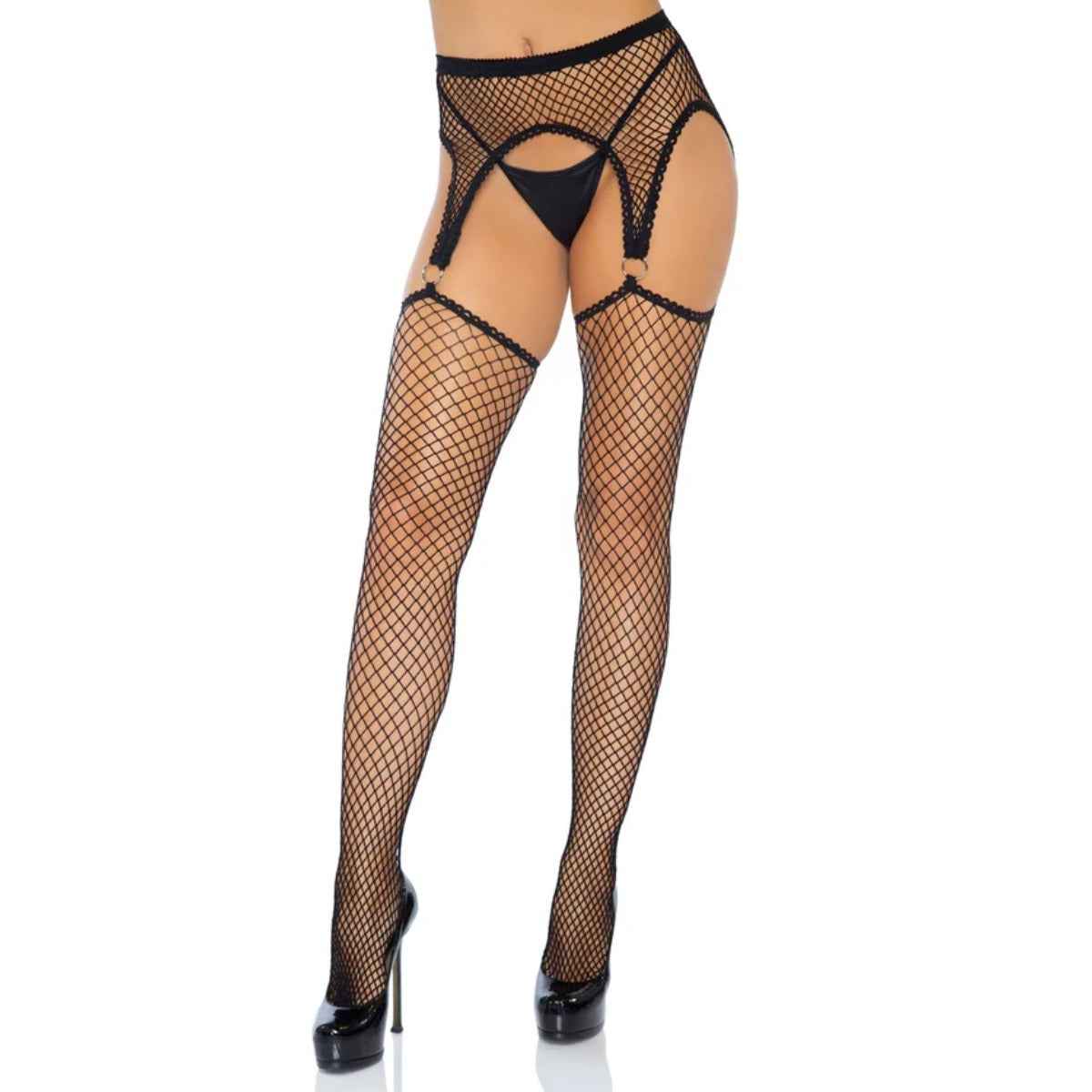 Net Stockings with O-Ring Garter Belt Black OS