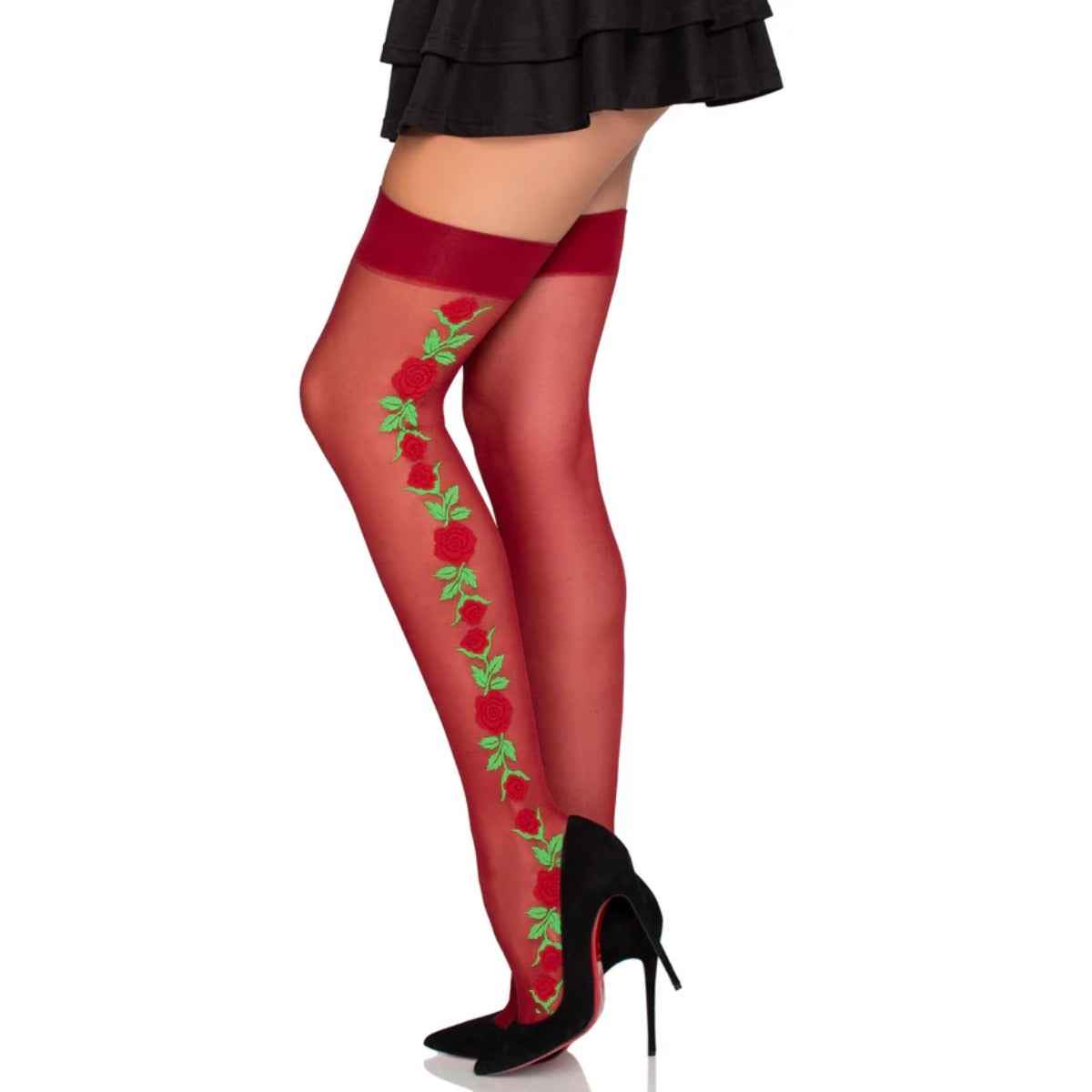 Spandex Thigh Highs with Roses - Red/Green