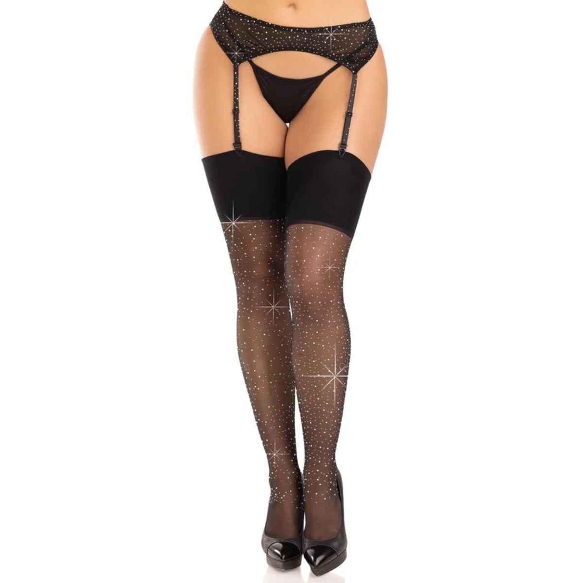 Sheer Elastane Stockings with Rhinestone Black OS