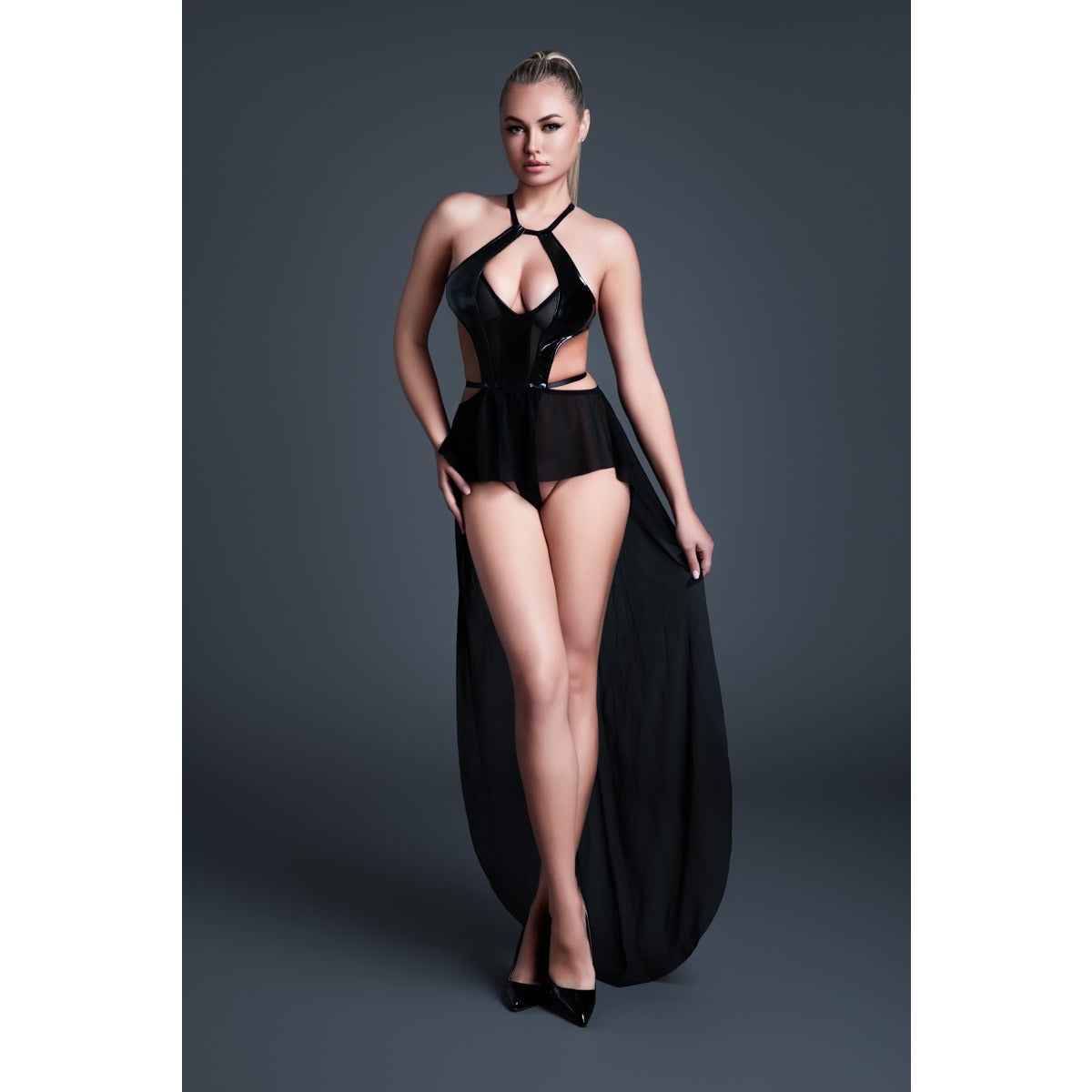 Allure Take Me Latex Look Vinyl & Mesh Bodysuit with Flirty Skirt XL