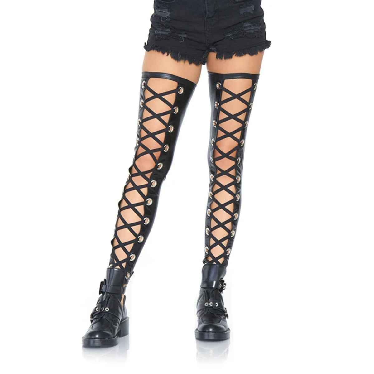 Wetlook Footless Lace Up Thigh Black M/L