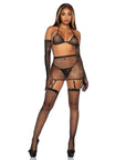 Bra with Garter Skirt  Gloves and Stockings Black OS