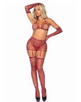 Bra with Garter Skirt  Gloves and Stockings Burgundy OS