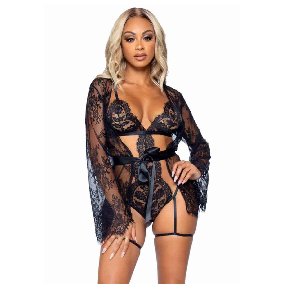 Garter Teddy with String Back and Robe Black Large
