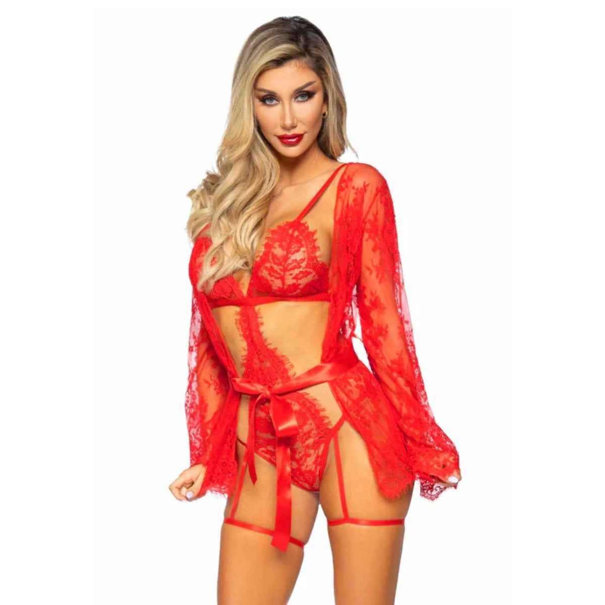 Garter Teddy with String Back and Robe Red Medium