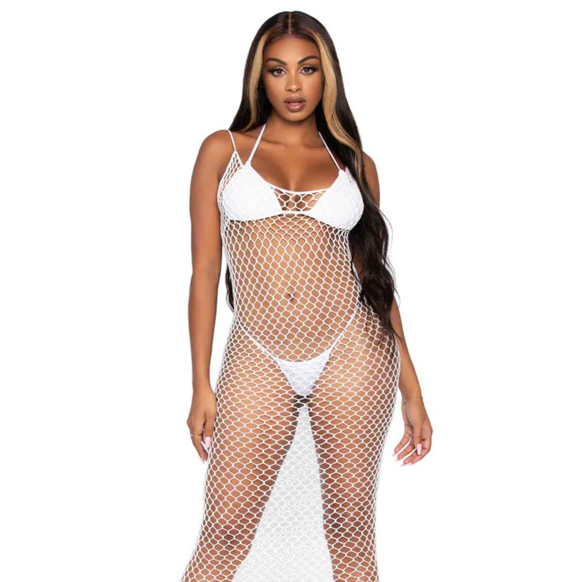 Woven Twist Net Backless Maxi Dress White OS