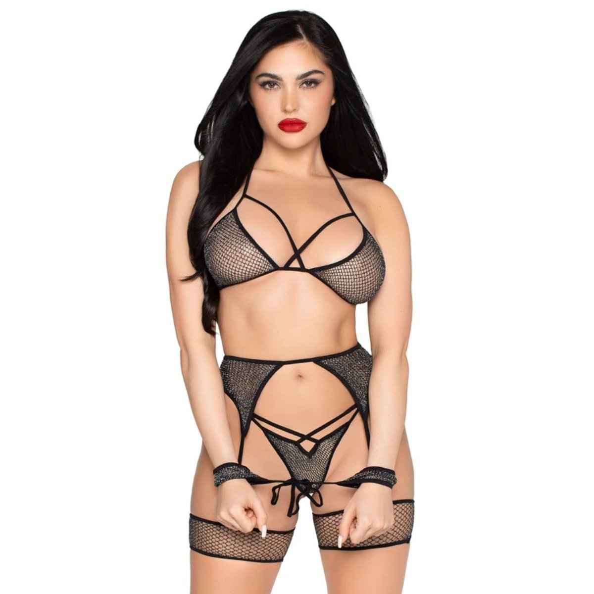 Leg Avenue Net Bra Top String & Harness Set - OS - Black