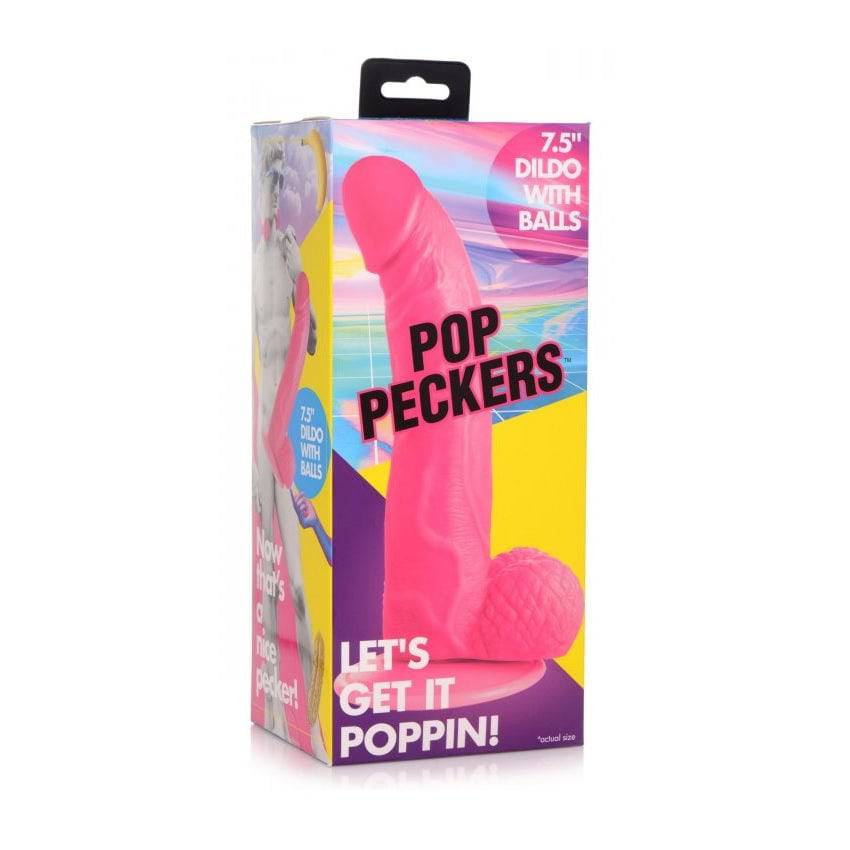 Pop Peckers Dildo With Balls Pink (7.5”) - Adult Outlet