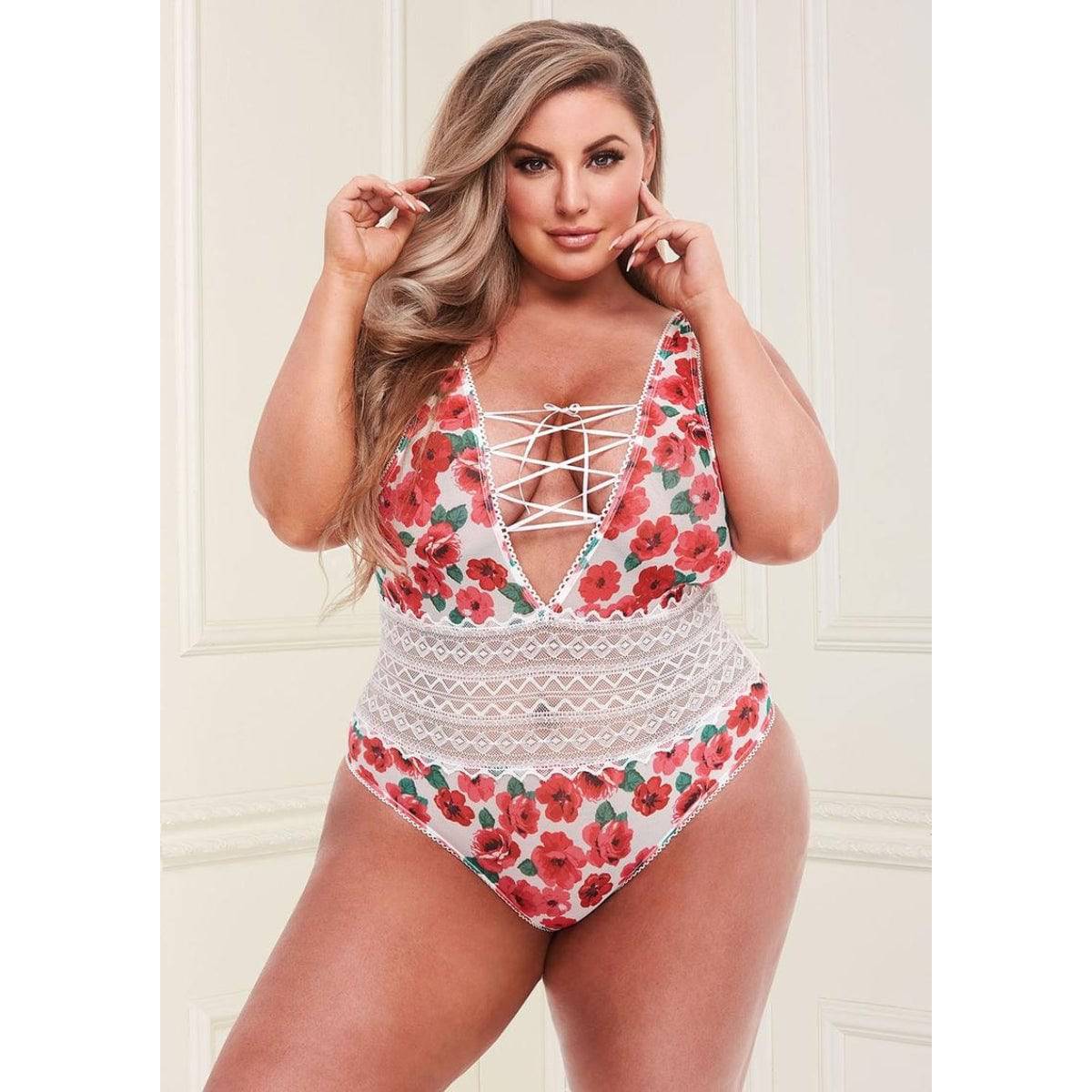 Baci White Floral & Lace Teddy Bra Set With Open Back Panty Queen - Adult Outlet