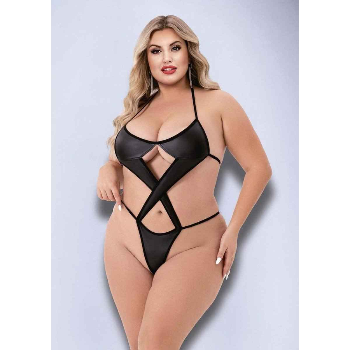 Baci Criss Cross Wetlook Teddy Black Queen Size
