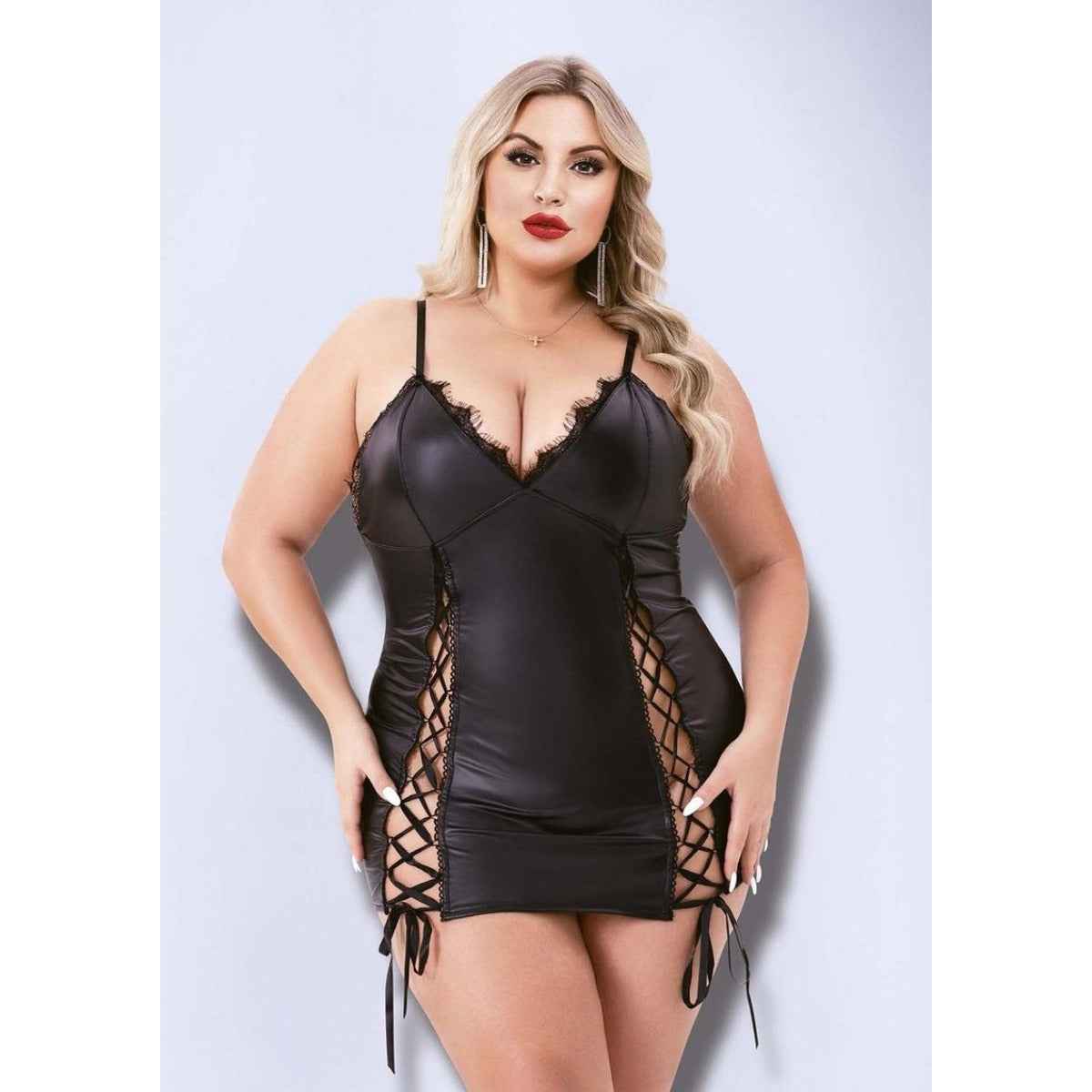 Baci Lace Up Wetlook Mini Dress Black Queen Size