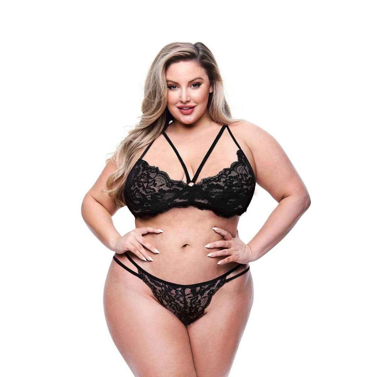 Baci 2 Piece Eco Strappy Bra & Panty Set - Queen - Black