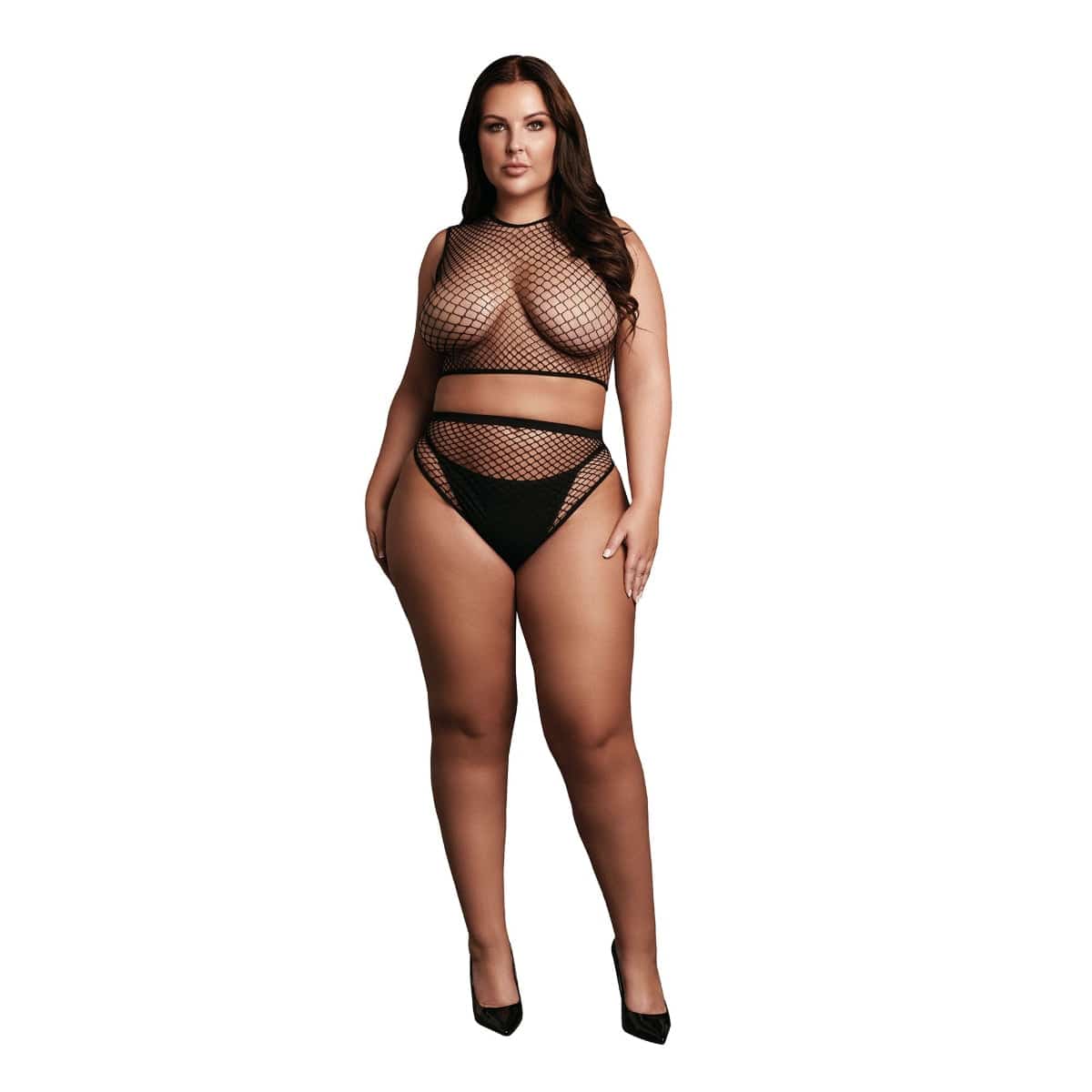 2 Piece With Crop Top  Pantie And Fishnet Structure Black - Adult Outlet