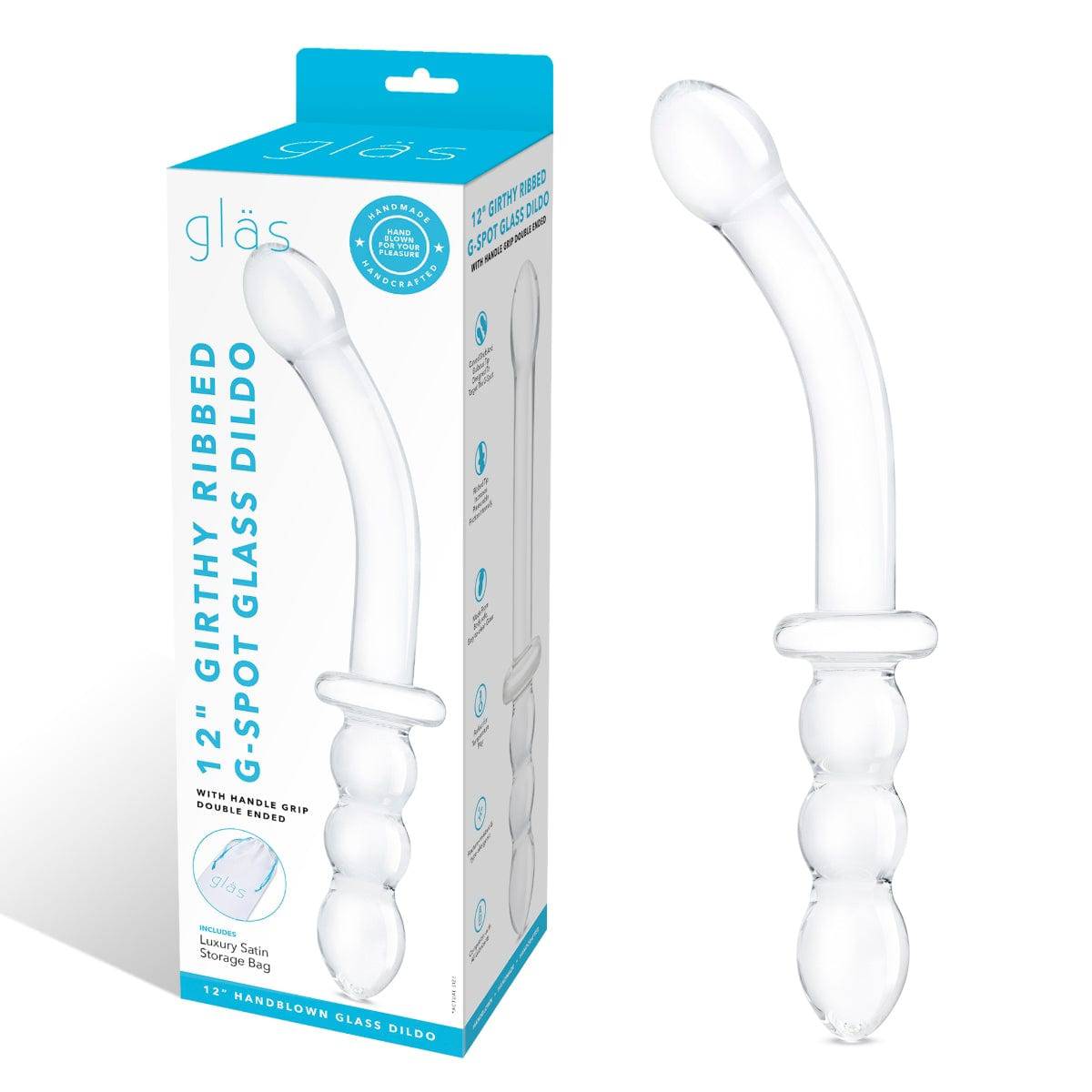 Glas 12Inch Girthy Ribbed G Spot Glass Dildo With Handle Grip Double Ended - Adult Outlet