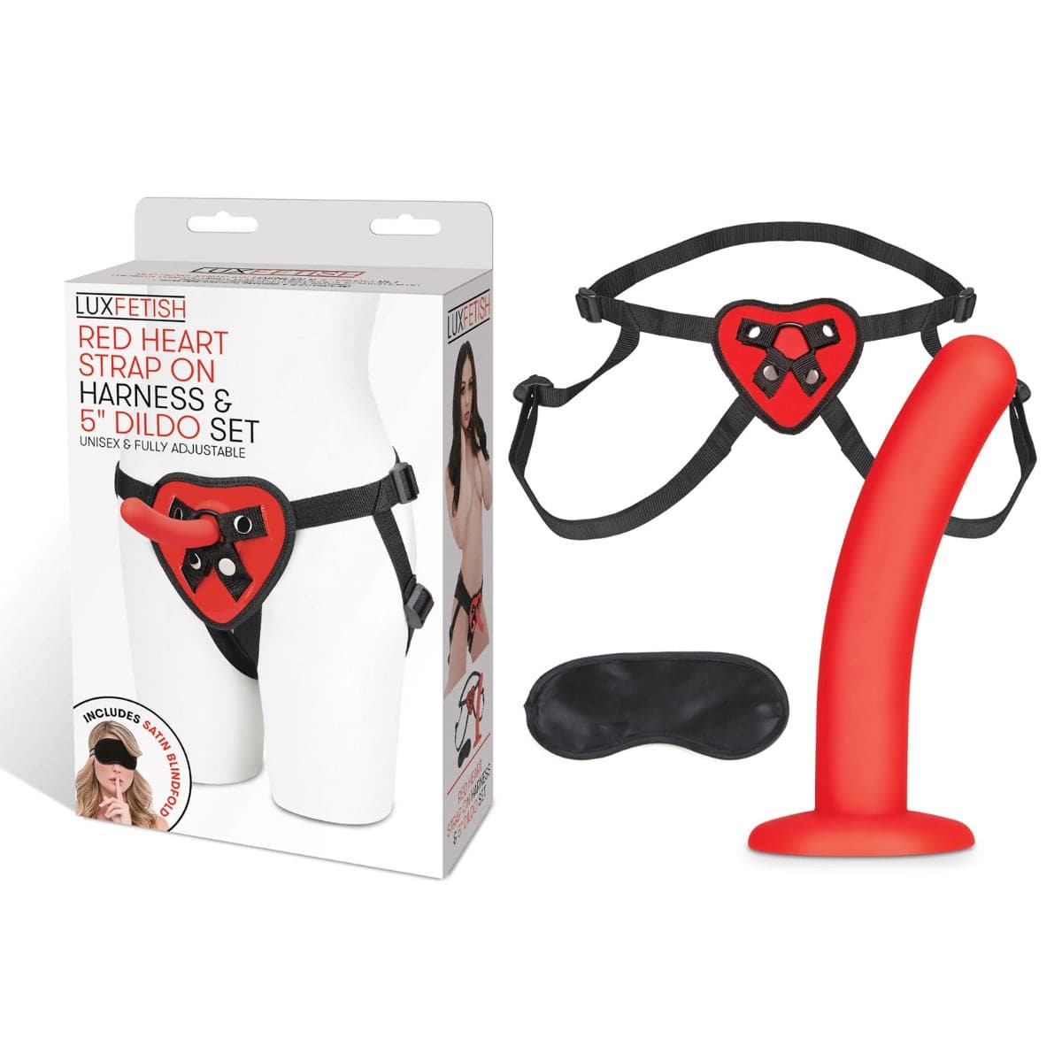 Lux Fetish Red Heart Strap On Harness & 5Inch Dildo Set - Adult Outlet