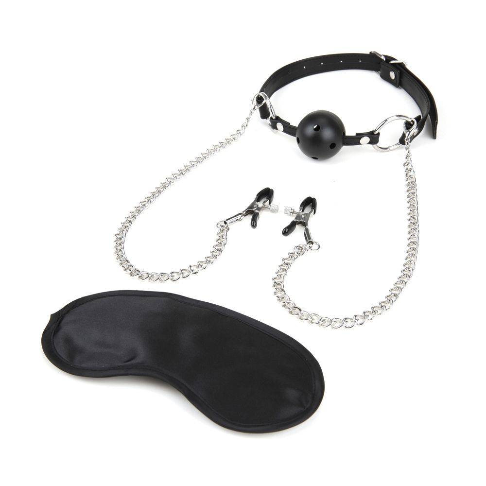 Lux Fetish Breathable Ball Gag With Nipple Chain Black - Adult Outlet