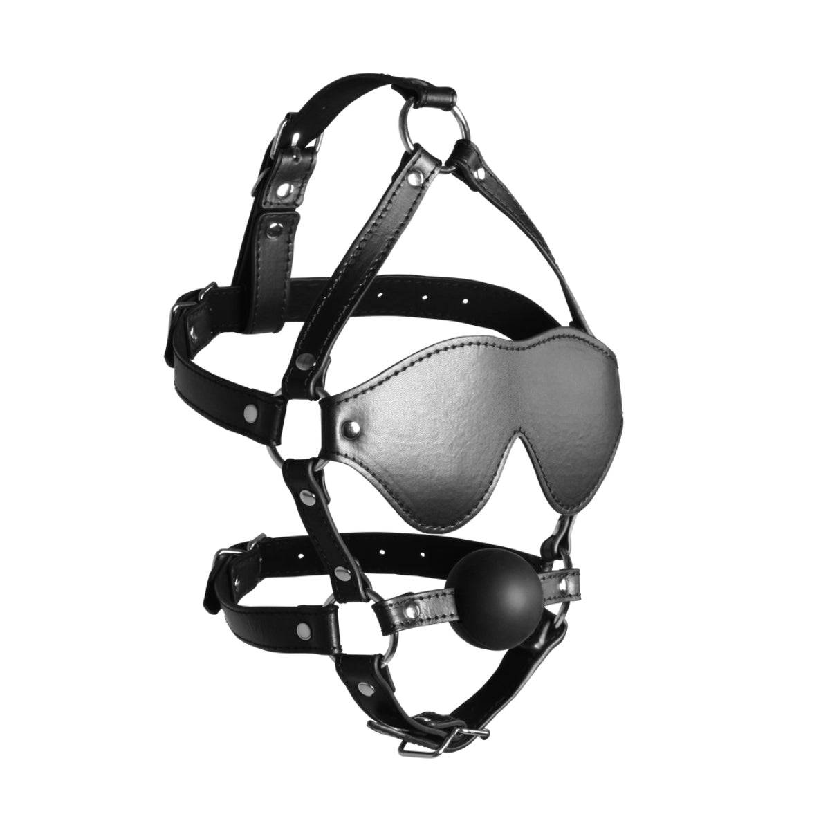 Blindfolded Head Harness With Solid Ball Gag Black - Adult Outlet