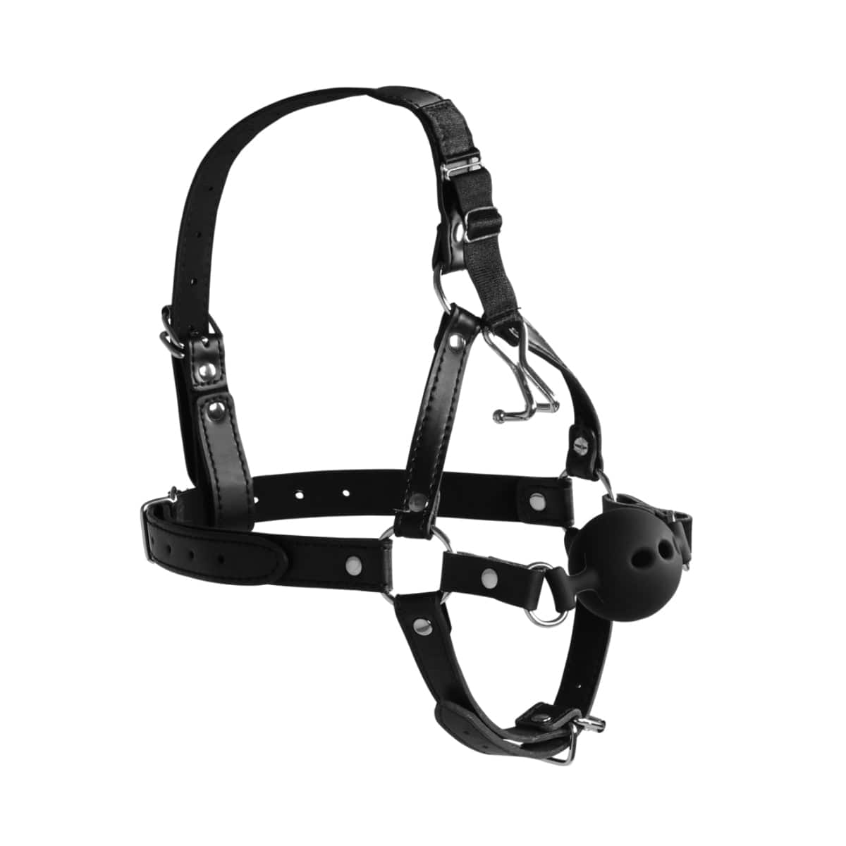 Head Harness With Breathable Ball Gag And Nose Hooks Black - Adult Outlet