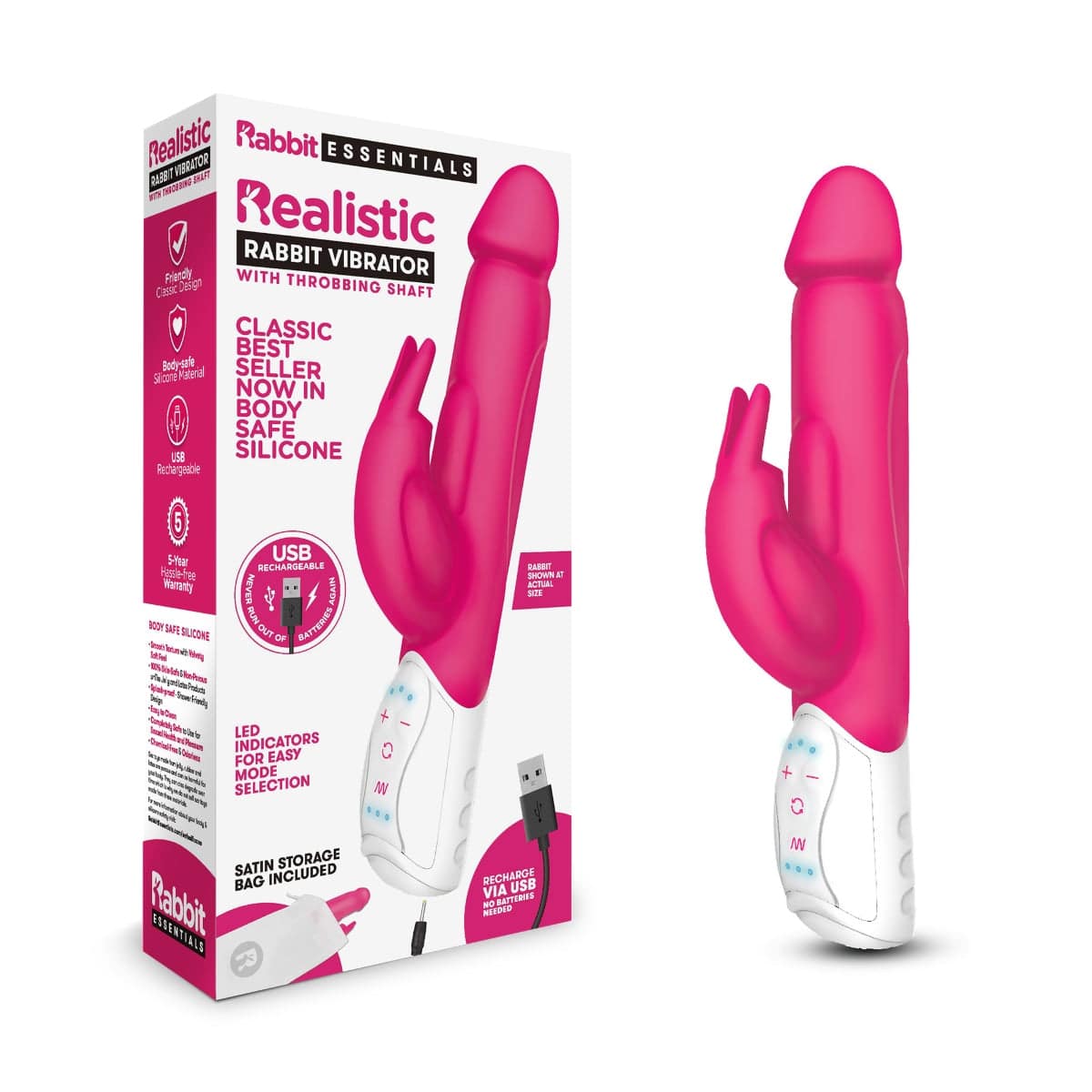 Rabbit Essentials Rr Rechargeable Realistic Rabbit Hot Pink - Adult Outlet