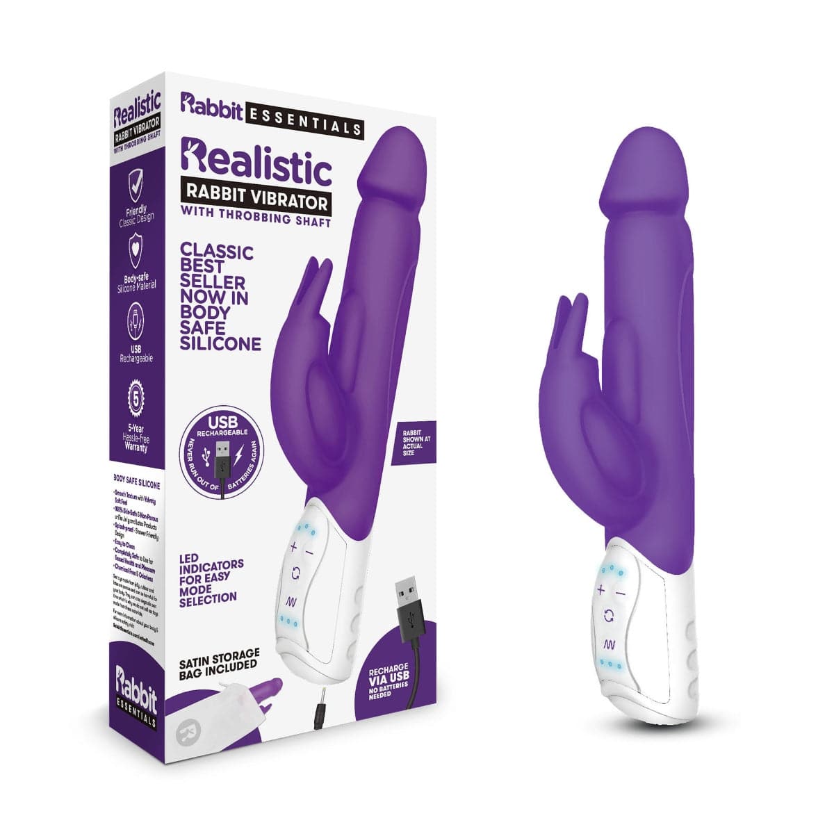 Rabbit Essentials Rr Rechargeable Realistic Rabbit Purple - Adult Outlet