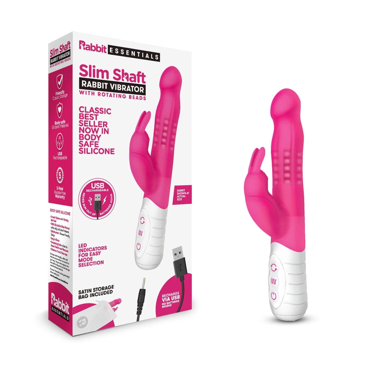 Rabbit Essential Rr Rechargeable Slim Shaft Rabbit Hot Pink - Adult Outlet