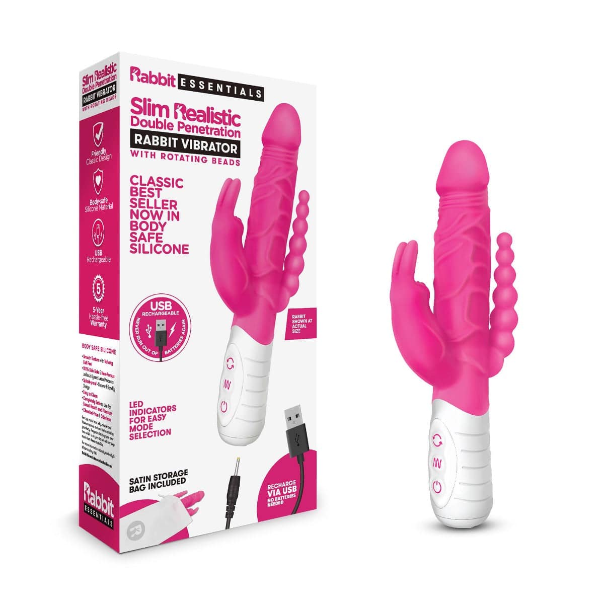 Rabbit Essentials Rr Rechargeable Slim Double Penetration Rabbit Vibrator Hot Pink - Adult Outlet