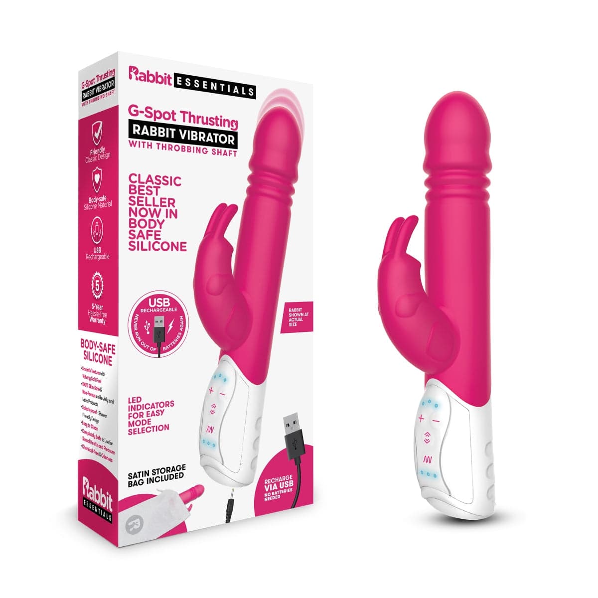 Rabbit Essentials Rr Rechargeable G Spot Thrusting Rabbit Vibrator Hot Pink - Adult Outlet